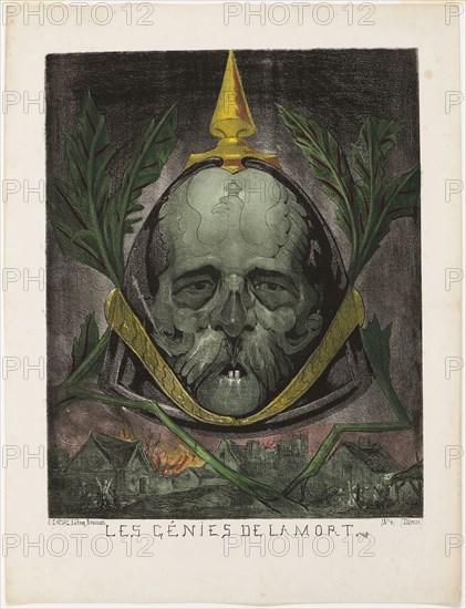 Bismarck, from Les Génies de la Mort, 1870, Edmond Guilliaume, French, active 1870s, France, Color lithograph on ivory wove paper, 553 × 443 mm (image), 703 × 536 mm (sheet)
