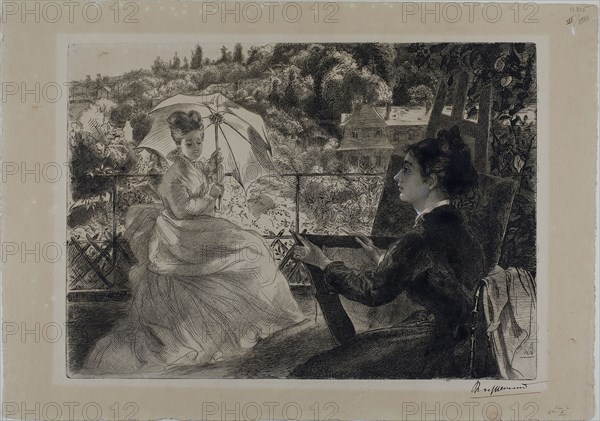 The Terrace of the Villa Brancas, 1876, Felix Bracquemond, French, 1833–1914, France, Etching and brush and black ink, heightened with traces of white gouache on cream laid paper, 250 × 350 mm (image), 310 × 447 mm (sheet)