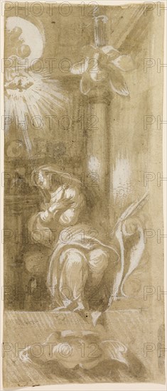Study for the Virgin Annunciate, 1529/30, Camillo Boccaccino, Italian, 1504/1505-1546, Italy, Brush and brown and gray wash, heightened with lead white, on ivory laid paper, 270 x 114 mm