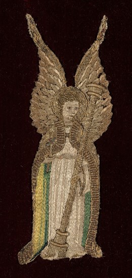 Fragment, 15th century, England, France,or Italy, England, Linen, plain weave, embroidered with silk and gilt-metal-strip-wrapped silk in overcast, satin, split, and twined double running stitches, laid work, couching, and padded couching, 21 × 7 cm (8 1/4 × 2 3/4 in.)