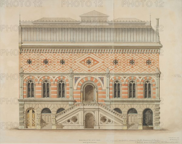 National Academy of Design Competition, New York, New York, South Elevation, 1861, Peter Bonnett Wight, American, 1838–1925, New York City, Ink, watercolor, and gouache on paper, 53 x 68.6 cm (20 7/8 x 27 in.)