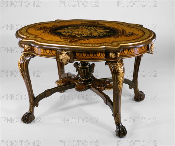 Center Table, c. 1862, Marquetry top by Joseph Cremer, French, active 1836–1878, Paris, France, Table by unknown artist, American, 19th century, New York, Paris, Rosewood, maple, tulip poplar, white pine, and mother-of-pearl, 137.2 × 91.4 × 74.6 cm (54 × 36 × 29 3/8 in.)