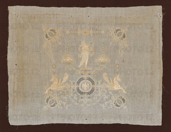 Panel, 1804/15 or 1852/70, After designs by Charles Percier (French, 1764–1838) and Pierre François Leonard Fontaine (French, 1762–1853), France, Linen, plain weave, cotton embroidery thread, 52.7 × 68.1 cm (20 3/4 × 26 3/4 in.)