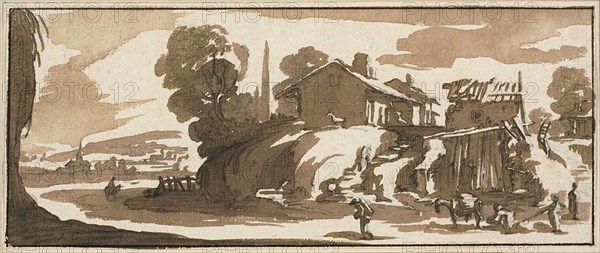 A Farm, c. 1630, Jacques Callot, French, 1592-1635, France, Brush and brown wash with black chalk on ivory laid paper, 90 × 220 mm