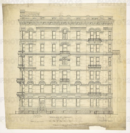 Ontario Apartments, Chicago, Illinois, Elevation, 1880, Treat & Foltz, American, 1871-1887, Chicago, Ink and ink wash on linen, 72.5 × 70 cm (28 1/2 × 27 5/8 in.)