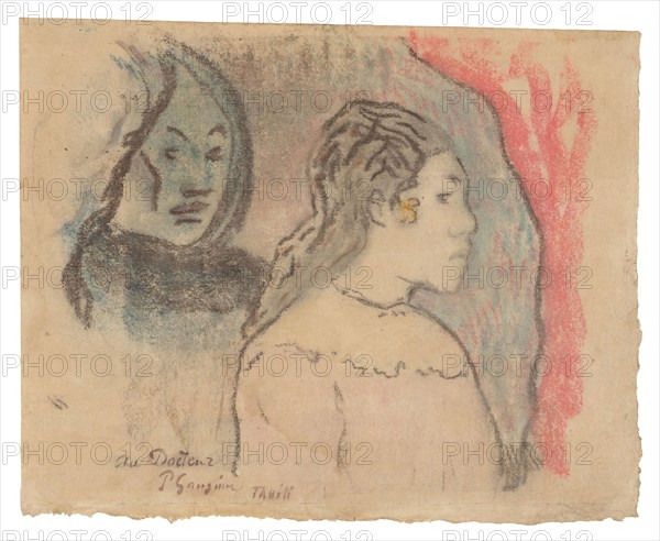 Study of Tahitian Heads, c. 1898, Paul Gauguin, French, 1848-1903, France, Watercolor and pastel monotype from a paper matrix, with pastel, on cream Japanese paper, laid down on cream 4-ply mat board, 237 × 297 mm (primary support), 292 × 355 mm (secondary support)