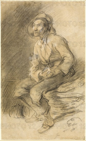 A Woodman Seated on a Bundle of Faggots, 1787, Thomas Gainsborough, English, 1727-1788, England, Black chalk with stumping, heightened with touches of white gouache and traces of white chalk, on buff laid paper, 485 × 296 mm