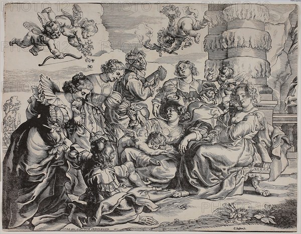 The Garden of Love, Left Half, with Seated Woman, c. 1631, Christoffel Jegher (Flemish, 1596-1652/53), after Peter Paul Rubens (Flemish, 1577-1640), Germany, Woodcut on ivory laid paper, 456 x 590 mm