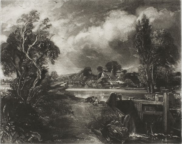 A Lock on the Stour, Suffolk, 1831, David Lucas (English, 1802-1881), after John Constable (English, 1776-1837), England, Mezzotint in black ink on heavy ivory wove paper, 177 × 215 mm (palte), 305 × 465 mm (sheet)