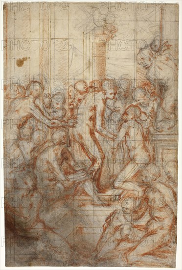Study for the Purification of the Virgin, c. 1577, Giovanni Battista Naldini, Italian, 1537-1591, Italy, Red and black chalk with stumping, and incising, over pen and brown ink, on ivory laid paper, squared in black chalk, 409 x 272 mm (max.)