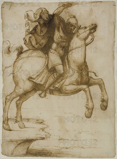 Marcus Curtius Leaping into the Abyss, c. 1530, Pseudo-Pacchia, Italian, active c. 1530, Italy, Pen and brown ink on cream laid paper, 297 x 221 mm