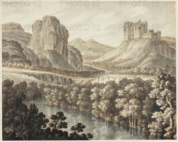 A Romantic Landscape with a Ruined Castle, 1778–87, Robert Adam, English, born Scotland 1728-1792, United Kingdom, Pen and brown ink with brush and brown and gray wash on ivory laid paper, 307 x 384 mm