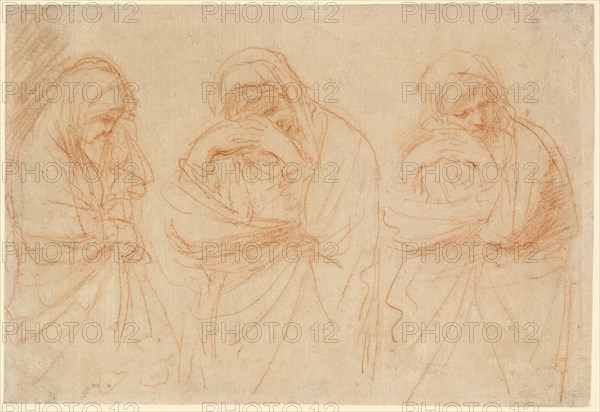 Madonna Mourning: Studies for the Entombment of Christ, c. 1656, Giovanni Francesco Barbieri, called Guercino, Italian, 1591-1666, Italy, Red chalk on ivory laid paper, 168 x 272 mm