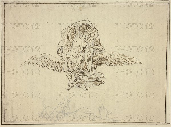 Rape of Ganymede, n.d., Unknown Artist, Dutch, 17th century, Netherlands, Pen and brown ink, over graphite, on off-white laid paper, tipped onto board, 190 x 258 mm