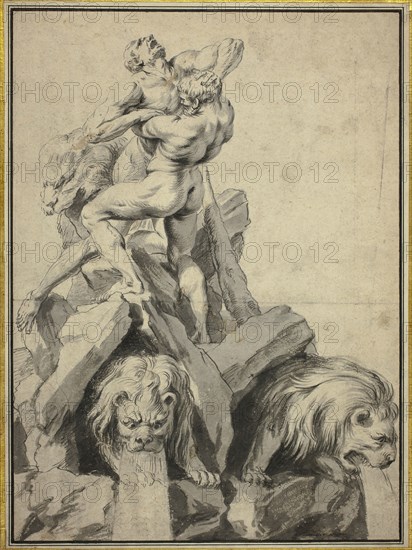 Hercules and Antaeus Design for a Fountain, n.d., Attributed to Martin Desjardins (Dutch, 1639/40-1694), or Jacques Desjardins (Dutch, 1671-c. 1716), Netherlands, Pen and black ink and brush and gray wash on  cream wove paper, laid down on ivory laid paper, 408 x 299 mm