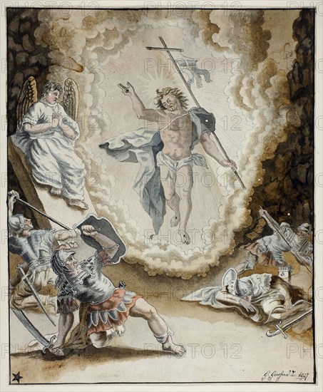 Resurrection of Christ, 1827, Gerardus Gossen (Dutch), after Jacopo Negretti, called Palma il Giovane (Italian, c. 1548-1628), Holland, Pen and gray ink, with watercolor, over traces of graphite, on ivory wove paper, tipped onto card, 321 x 264 mm