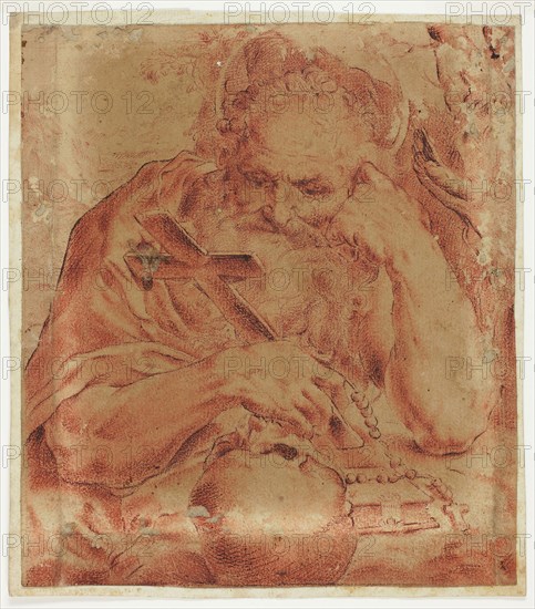 Saint Jerome, c. 1595, after Agostino Carracci, Italian, 1557-1602, Italy, Red chalk, with stumping and pen and brown ink, on tan laid paper, laid down on ivory laid paper, 238 x 210 mm