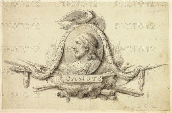Design for Medallion of King Canute, n.d., Robert Smirke, the younger, English, 1781-1867, England, Pen and gray ink, with brush and gray wash, on  ivory laid paper, tipped onto ivory laid paper, 129 × 195 mm