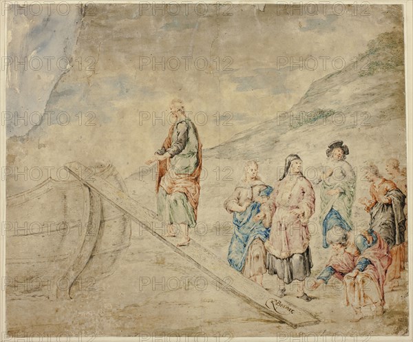 Man Mounting Plank to Boat, 1660/69, after Leonard Bramer, Dutch, 1596-1674, Netherlands, Pen and ink and watercolor on tan wove paper, laid down on card, 270 x 327 mm (image), 413 x 469 mm (sheet)