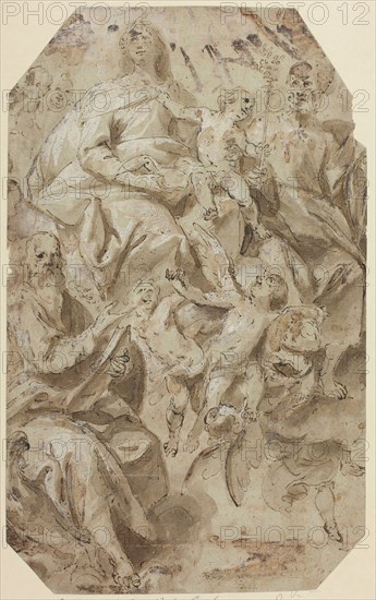 Madonna and Child with Saints, n.d., Attributed to Giovanni Battista Carlone, Italian, 1592-1677, Italy, Pen and brown ink with brush and brown wash, heightened with lead white (partly discolored), over red chalk, on blue laid paper, tipped onto ivory wove paper, 273 x 168 mm