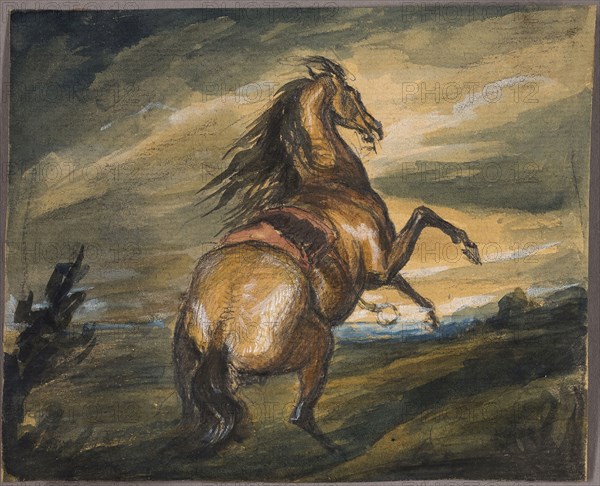 Rearing Horse, 1817, Attributed to Edwin Henry Landseer (English, 1802-1873), after Anthony van Dyck (Flemish, 1599-1641), England, Watercolor heightened with white gouache and graphite, on tan laid paper, 105 × 129 mm
