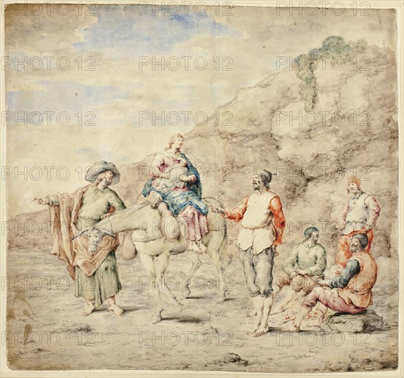 Holy Family Passing Four Men, 1660/69, Attributed to Leonard Bramer, Dutch, 1596-1674, Netherlands, Pen and ink and watercolor on cream laid paper (blue wash in background) laid down on paper, 322 x 346 mm (image), 425 x 465 mm (sheet)