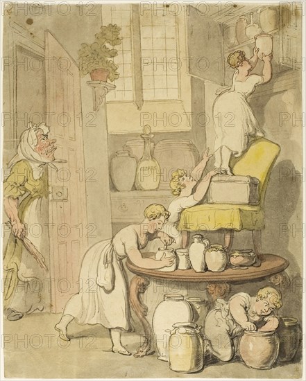 Stealing the Preserves, 1815/20, Thomas Rowlandson, English, 1756-1827, England, Pen and red and black ink, with brush and  watercolor, over traces of graphite, on ivory wove paper tipped onto cream wove paper, 275 × 220 mm