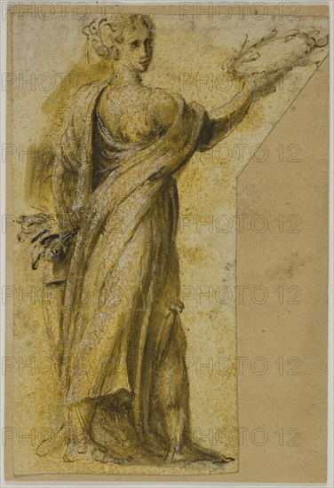 Standing Woman with Laurel Wreath, n.d., Biagio Pupini, called dalle Lame, Italian, active 1511-1551, Italy, Pen and brown ink with brush and brown and orange wash, heightened with lead white, over brown chalk, on ivory laid paper, laid down on tan laid paper, 144 x 98 mm (max.)
