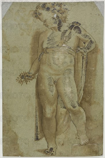 Putto Holding Flowers, n.d., possibly after Pellegrino Tibaldi, Italian, 1527-1596, Italy, Pen and brown ink with brush and brown wash, heightened with lead white (discolored), on blue laid paper, laid down on blue wove paper, 288 x 190 mm