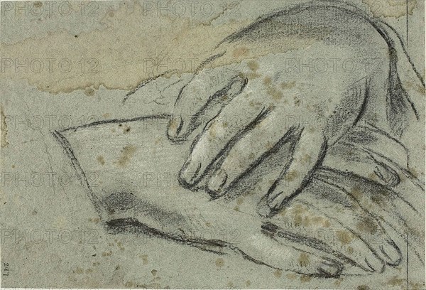 Crossed Hands (recto), Right Foot, Partially Covered by Drapery (verso), 1625/29 (recto), c. 1620 (verso), Jacopo Cavedone, Italian, 1577-1660, Italy, Charcoal, heightened with white chalk (recto and verso), on blue laid paper, 181 x 265 mm