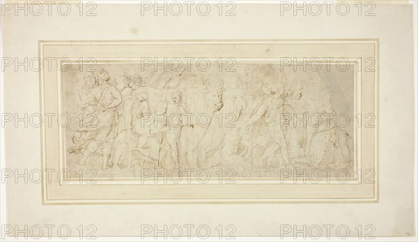 Procession of Figures and Oxen, 1549/53, Attributed to Girolamo Sellari, called Girolamo da Carpi, Italian, 1501-1556, Italy, Pen and brown ink on ivory laid paper, laid down on ivory laid paper, 127 x 325 mm