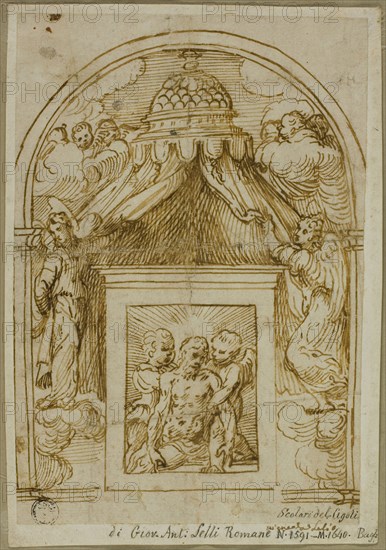 Tabernacle with Man of Sorrows, c. 1535, Circle of Domenico Campagnola, Italian, c. 1500-1564, Italy, Pen and brown ink on ivory laid paper, laid down on ivory wove paper, 188 x 128 mm