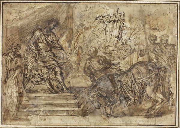 Caligula Appointing His Horse Incitatus to the Consulship, n.d., Style of Pietro da Cortona, Italian, 1596-1669, Italy, Pen and brown ink with brush and brown wash, on collage of ivory wove papers, laid down on ivory laid paper, 156 x 225 mm