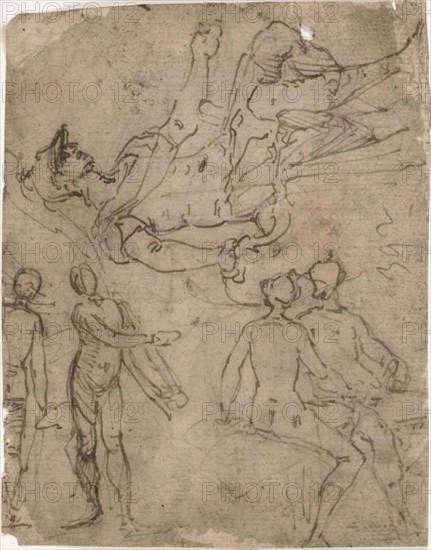 Sketches of Seated Warrior, Various Figures, 1585/95, Bernardo Castello, Italian, 1557-1629, Italy, Pen and brown ink, on brown-tinted laid paper, 144 x 113 mm