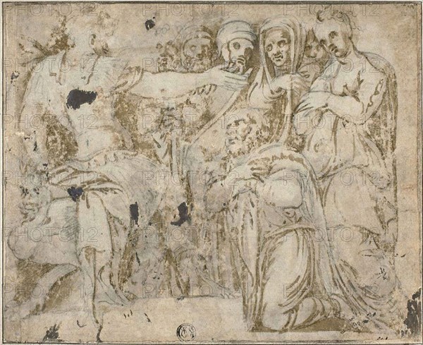 Family of Darius before Alexander, n.d., After Polidoro Caldara, called Polidoro da Caravaggio, Italian, c. 1499-c. 1543, Italy, Pen and brown ink with brush and brown wash, over black chalk, on tan laid paper, laid down on ivory laid paper, 181 x 222 mm