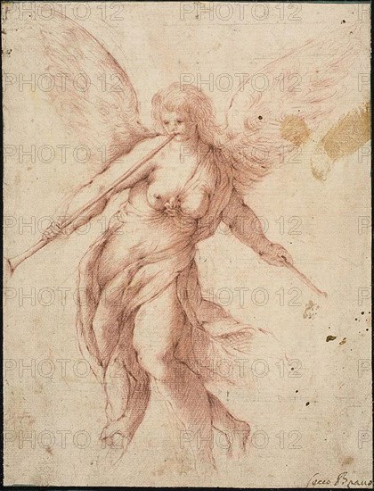 Fame Blowing on a Trumpet, n.d., Jacopo Negretti, called Palma il Giovane, after, Italian, c. 1548-1628, Italy, Red chalk on ivory laid paper, laid down on card, 268 x 205 mm