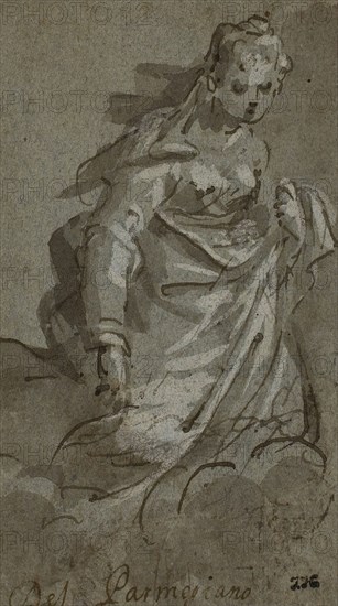 Kneeling Cloud-borne Female Figure (the Magdalene?) (recto), Figure Sketches (verso), n.d., Italian, Late 16th Century, Italy, Pen and brown ink with brush and gray wash, heightened with lead white (recto), and pen and brown ink (verso), on blue laid paper, laid down on cream laid paper, 126 x 71 mm