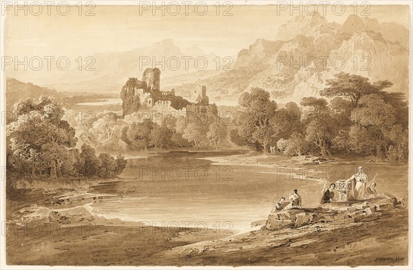Landscape with a Ruined Castle, 1819, John Martin, English, 1789-1854, England, Brush and brown ink and wash, over traces of graphite on cream wove paper, laid down on tan board, 251 × 387 mm