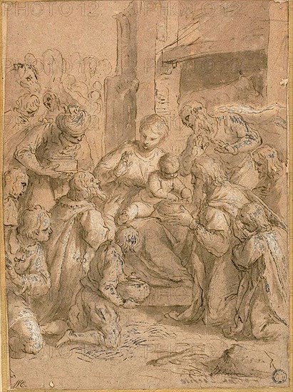 Study for the Adoration of the Magi, 1612, Jacopo Negretti, called Palma il Giovane, Italian, c. 1548-1628, Italy, Pen and brown ink, with brush and brown wash, heightened with lead white (partially oxidized) over traces of black chalk, on tan laid paper, laid down on cream wove card, 280 x 205 mm