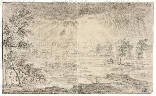 Landscape with Village, 1720, Unknown Artist, Netherlandish, 18th century, Netherlands, Black chalk on cream laid paper, 91 x 315 mm