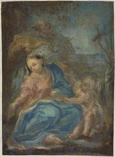 Rest on the Flight into Egypt (recto), Madonna of the Rosary (verso), n.d., After Federico Barocci, Italian, c. 1535-1612, Italy, Oil paint (recto), and pen and black ink with off-set blue oil paint (verso), on tan laid paper, 322 x 236 mm (max.)