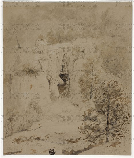 Rocky Landscape, 1832, Attributed to Barend Cornelis Koekkoek, Dutch, 1803-1862, Netherlands, Brush and brown wash and graphite on brown wove paper, 241 x 203 mm