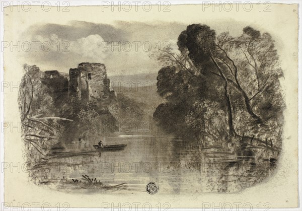 River with Castle Ruin and Boat I, c. 1855, Elizabeth Murray, English, c. 1815-1882, England, Charcoal with stumping and scraping on ivory wove paper, 170 mm × 245 mm