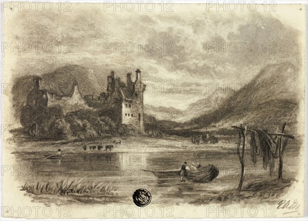 Fishermen Drying Nets before Castle, c. 1855, Elizabeth Murray, English, c. 1815-1882, England, Charcoal and stumping with brush and black ink on ivory wove paper, 122 mm × 171 mm