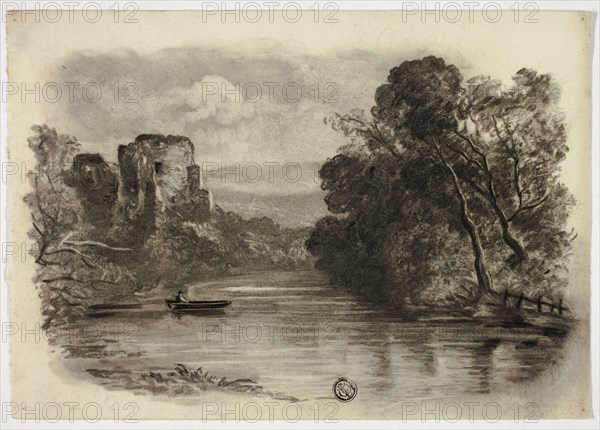 River with Castle Ruin and Boat II, c. 1855, Elizabeth Murray, English, c. 1815-1882, England, Charcoal and stumping and scraping, with  brush and black ink on ivory wove paper, 173 mm × 246 mm