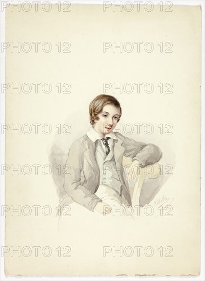 Youth Leaning on Chair, 1852, Elizabeth Murray, English, c. 1815-1882, England, Brush and watercolor over graphite on cream wove paper, 370 mm × 270 mm