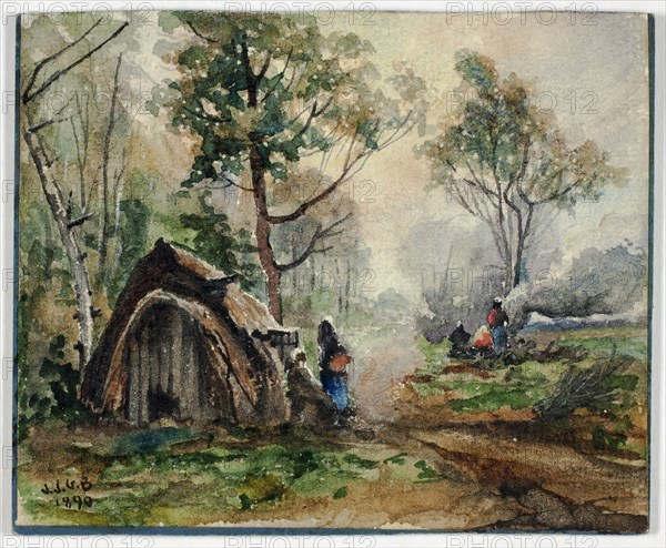 Hut in Woodland Setting, 1890, John Joseph Gustave Burghoffer, active in France, died 1907, France, Watercolor on wove paper, laid down on board, 125 × 153 mm