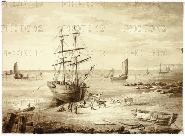 Loading Boat in Port, n.d., Elizabeth Murray, English, c. 1815-1882, England, Brush and brown ink and wash, over graphite, on cream wove paper, 194 mm × 265 mm