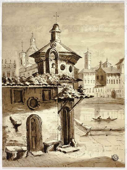 Venetian View, n.d., Elizabeth Murray, English, c. 1815-1882, England, Brush and brown ink and wash, over traces of  graphite on cream wove paper, 250 mm × 186 mm