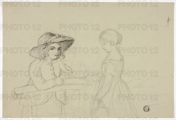 Two Girls at Gate, n.d., Elizabeth Murray, English, c. 1815-1882, England, Black chalk on gray wove paper, 176 mm × 260 mm